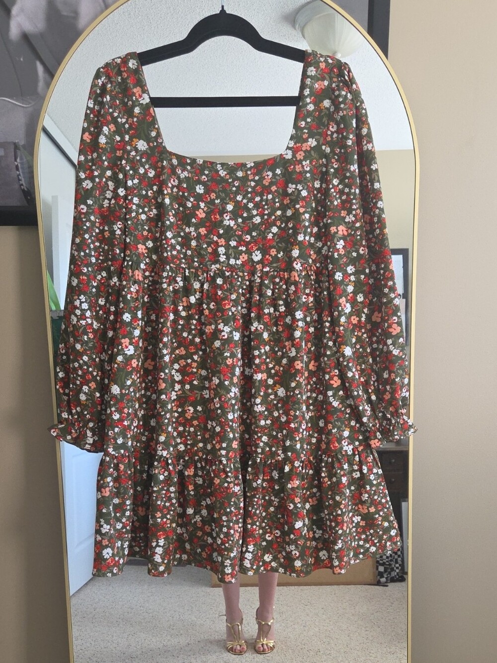 Floral Square-Neck Babydoll Dress — Olive with Red & White Flowers